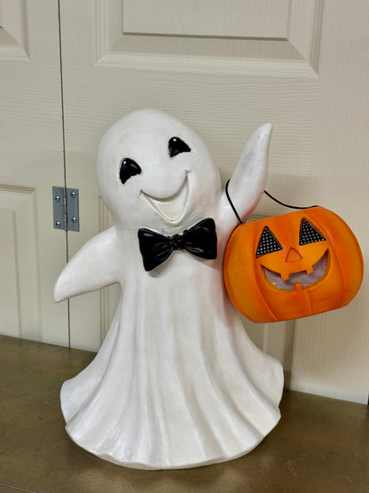 16 Inch Halloween Resin Ghost With Bow Tie And Jack O Lantern
