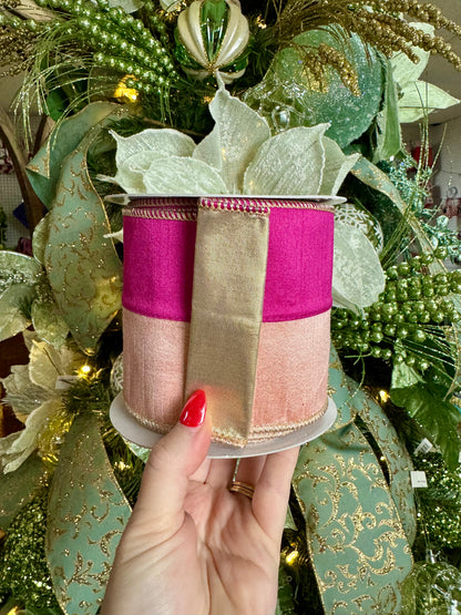 4 Inch By 10 Yard Pink And Light Pink With Gold Back Dupioni Ribbon