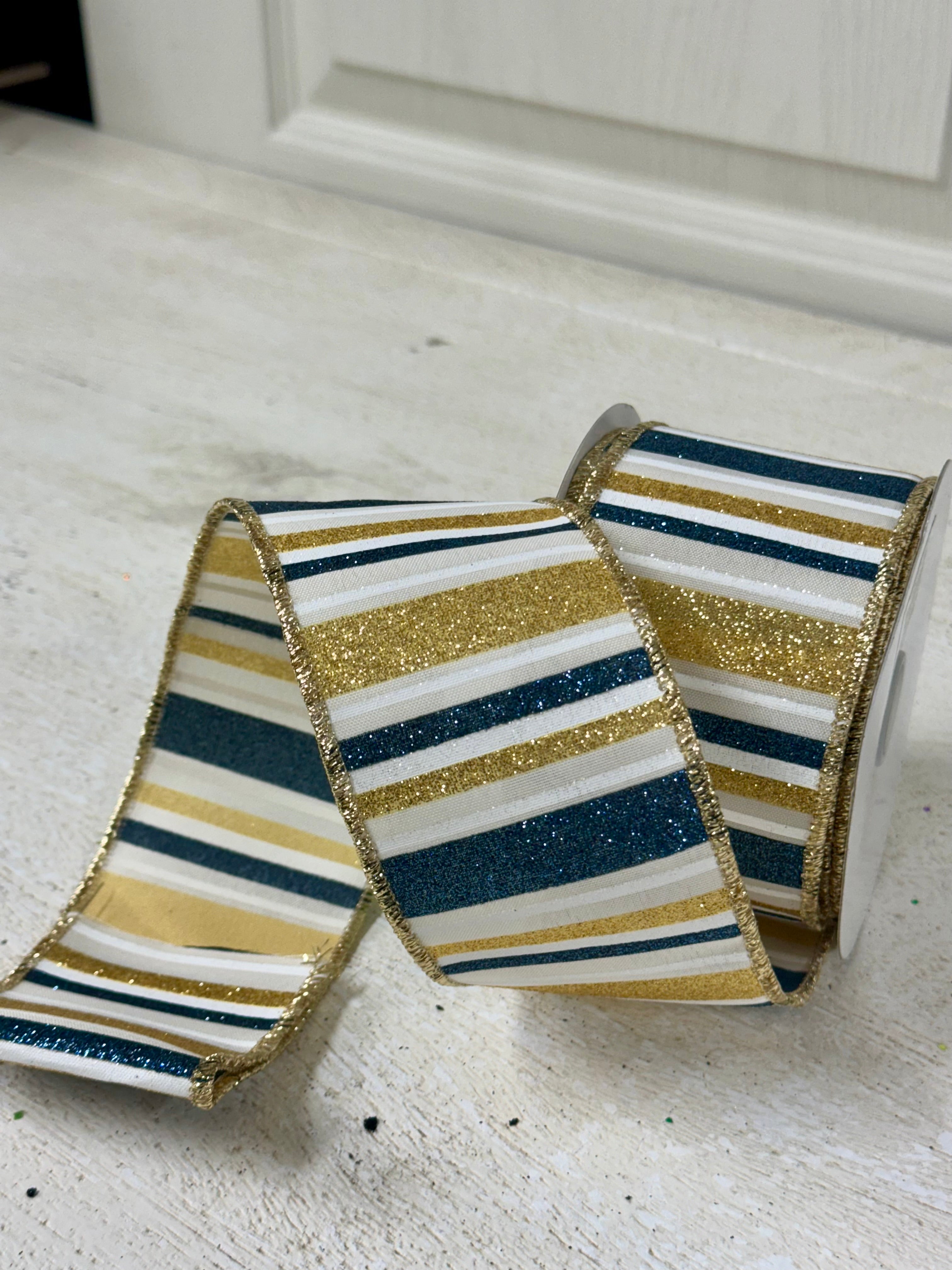 2.5 Inch By 10 Yard Smoke Blue And Gold Horizontal Stripe Ribbon – TMIGifts