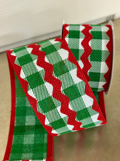 2.5 Inch By 10 Yard Emerald And Red Ric Rac On Plaid Ribbon