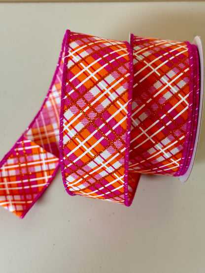 1.5 Inch By 10 Yard Orange And Pink Plaid Ribbon