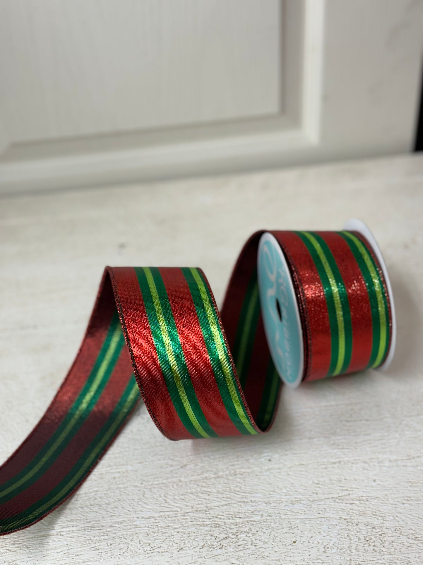 2.5 Inch By 10 Yard Red Emerald Lime Metallic Striped Ribbon