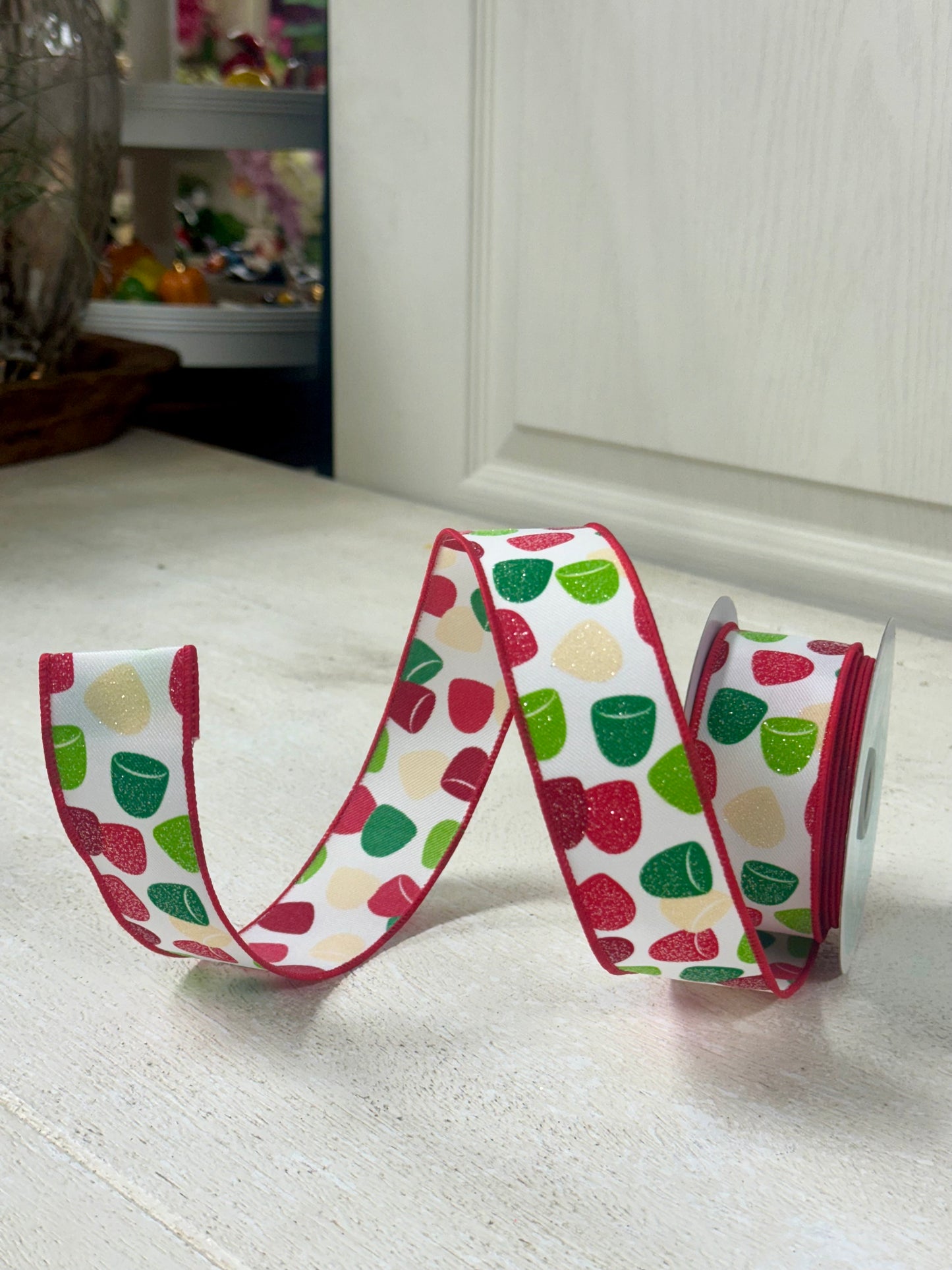 1.5 Inch By 10 Yard Red Green Cream Glitter Gumdrops Ribbon