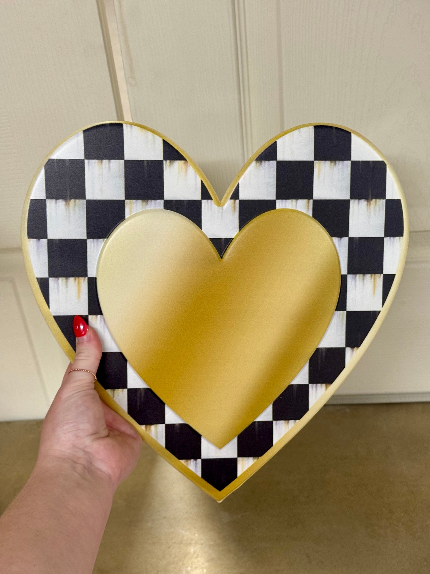 12 Inch Black White Gold Checkered Heart Metal Sign