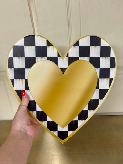 12 Inch Black White Gold Checkered Heart Metal Sign