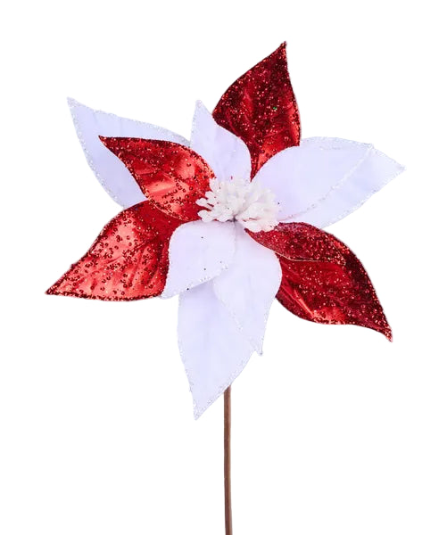 22 Inch Christmas Red And White Velvet Metallic Poinsettia