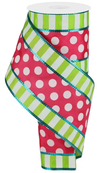4 Inch By 10 Yard Hot Pink Lime Polka Dot With Stripes Ribbon