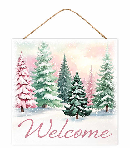 10 Inch Square Pastel Welcome With Trees Wood Sign