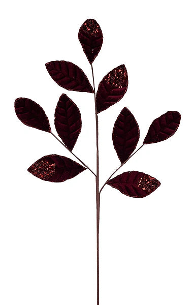 27 Inch Burgundy Velvet And Glitter Magnolia Leaf Spray