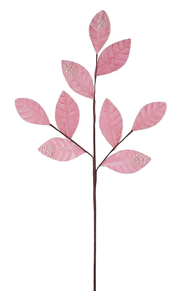 27 Inch Pink Pearl Velvet And Glitter Magnolia Leaf Spray