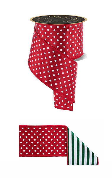 4 Inch By 10 Yard Red And White Polka Dot With Emerald And White Stripe Backing Fused Ribbon