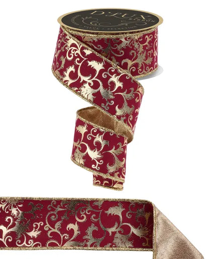 2.5 Inch By 10 Yard Wine And Gold Metallic Foil Swirl Leaf Fused Ribbon