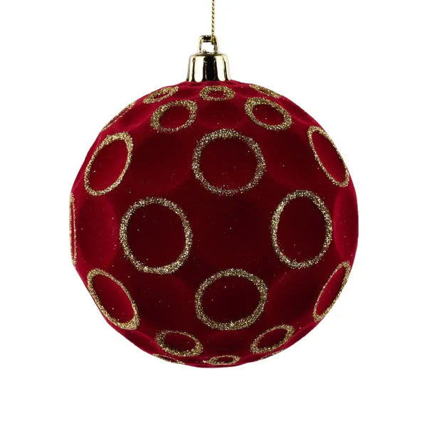 4 Inch Burgundy And Gold Flocked Glitter Concave Ball Ornament