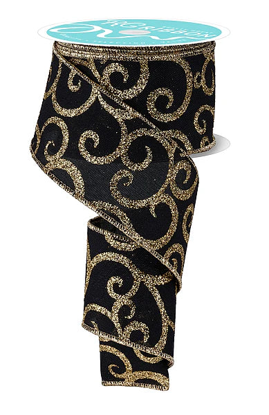 2.5 Inch By 10 Yard Black And Gold Glitter Swirl Ribbon