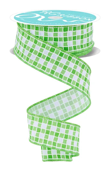 1.5 Inch By 10 Yard Green And White Small Check Ribbon