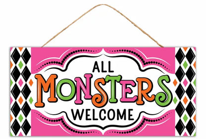 12.5 Inch Pink And Green All Monsters Welcome Wood Sign