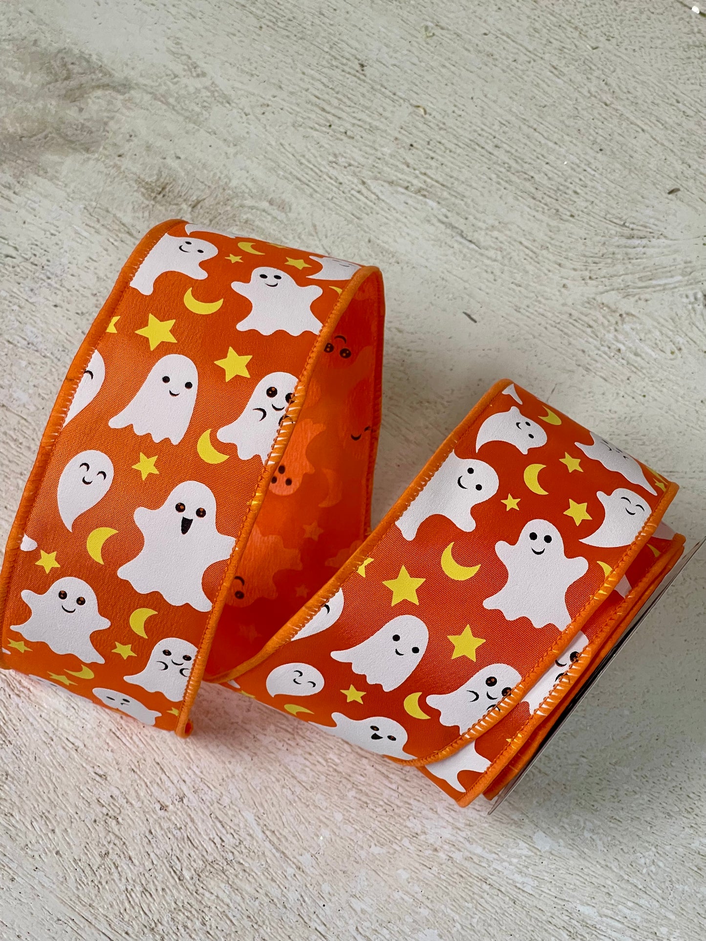 2.5 Inch By 10 Yard Orange Ghost Moon And Star Ribbon