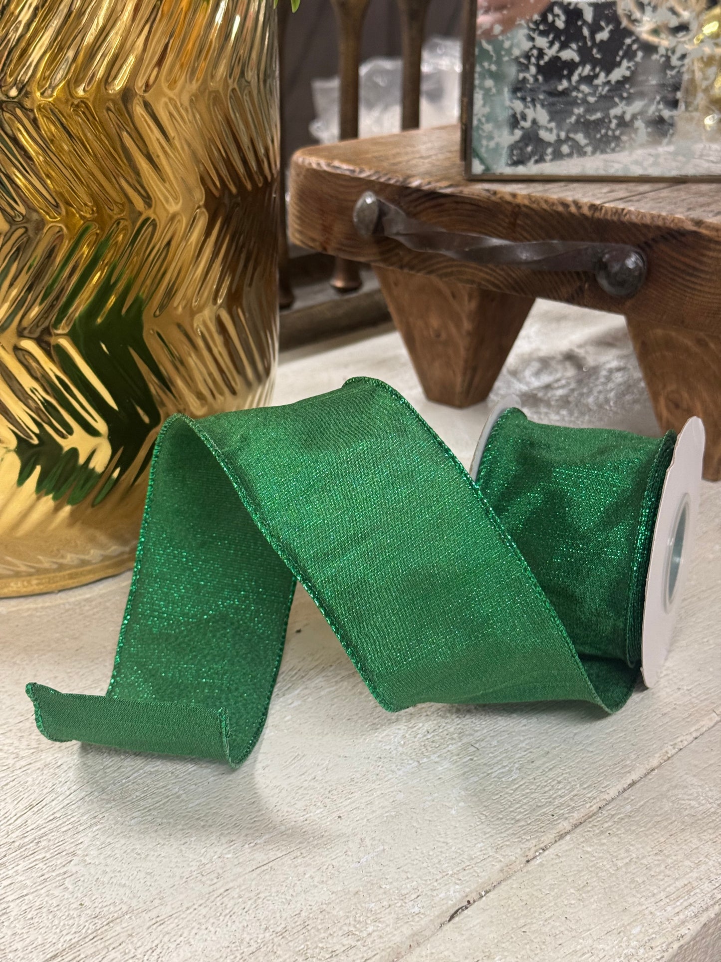 2.5 Inch By 10 Yard Emerald Green Metallic Dupioni Ribbon