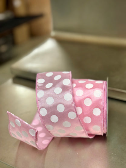 2.5 Inch By 10 Yard Pink And White Large Polka Dot Ribbon