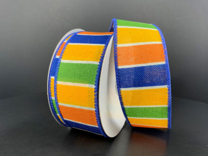 1.5 Inch By 10 Yard Royal Blue Yellow Orange and Green Striped Ribbon