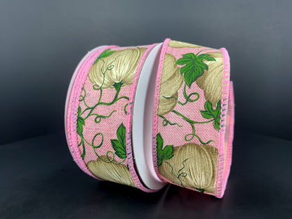 1.5 Inch By 10 Yard Pink Background With White Pumpkins Ribbon