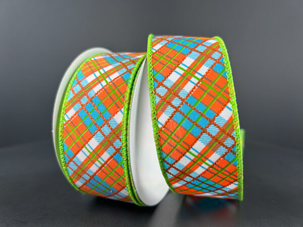 1.5 Inch By 10 Yard Orange Blue Green Plaid Ribbon