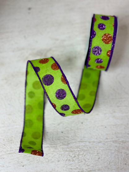 1.5 Inch By 10 Yard Lime Purple And Orange Glitter Polka Dot Ribbon