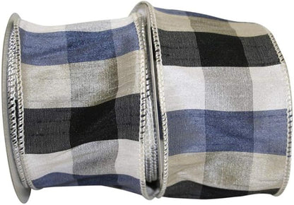 2.5 Inch By 10 Yard Black Navy And White Check Dupioni Paterson Ribbon