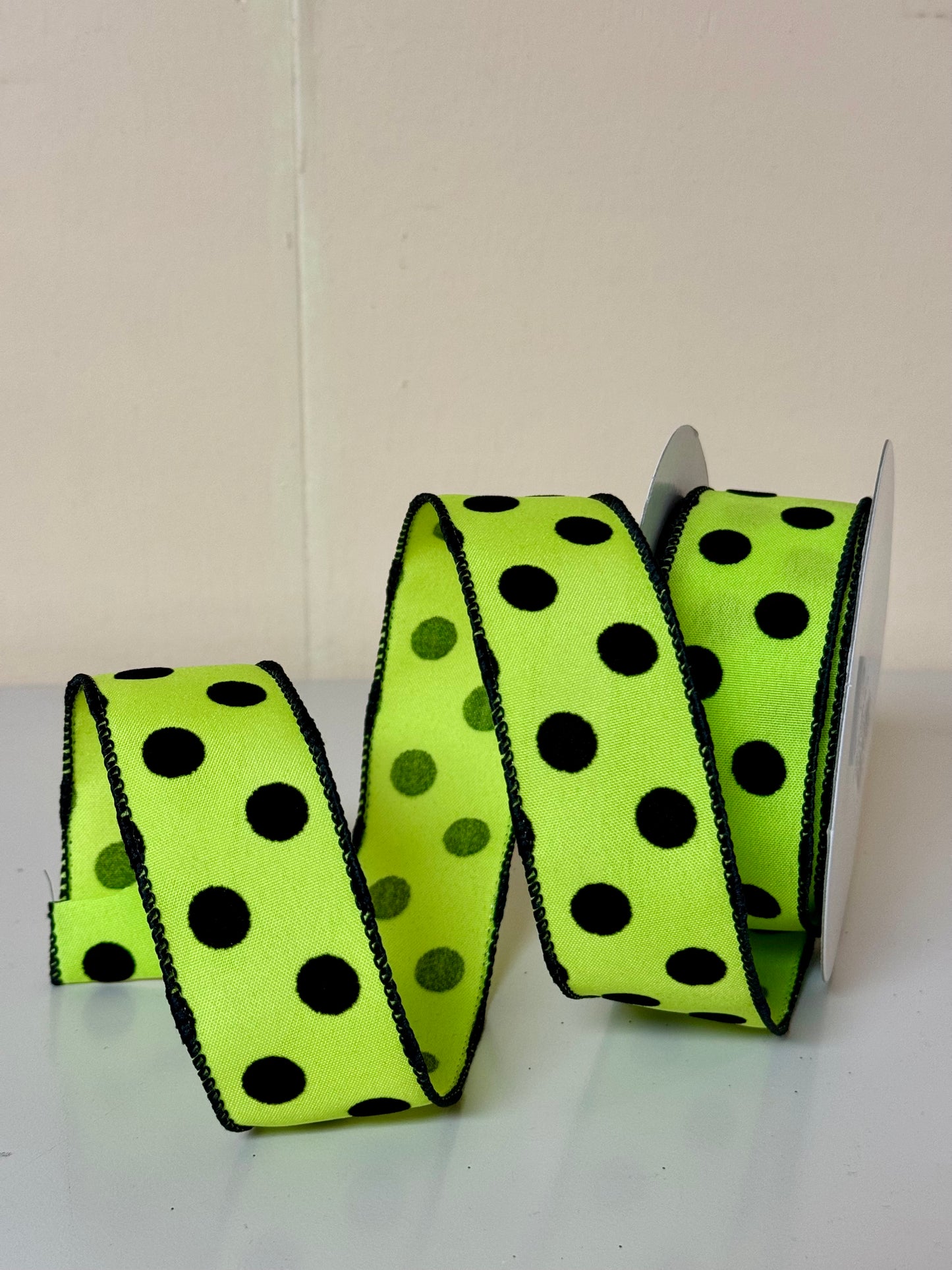 1.5 Inch Lime Green With Black Polka Dots Ribbon