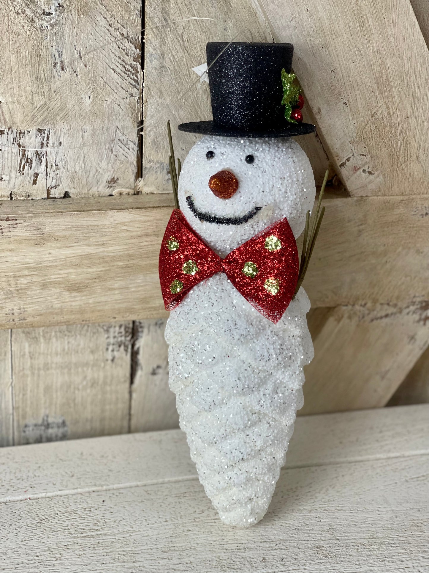 Glitter Snowman Head With A Pinecone Body Ornament