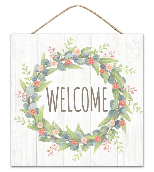 10 Inch Green Blue And Coral Spring Wreath Welcome Wood Sign