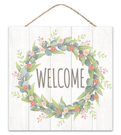 10 Inch Green Blue And Coral Spring Wreath Welcome Wood Sign