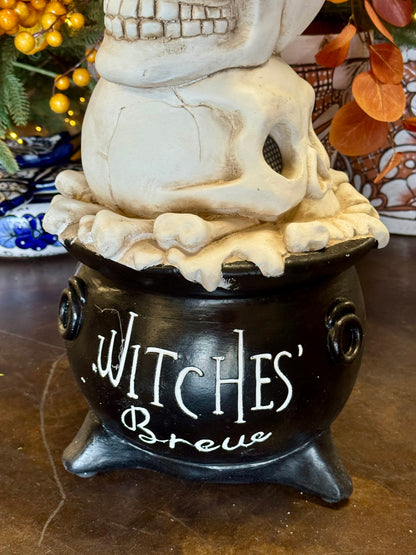 32 Inch Witches Brew Three Stack Skull Heads With Cauldron