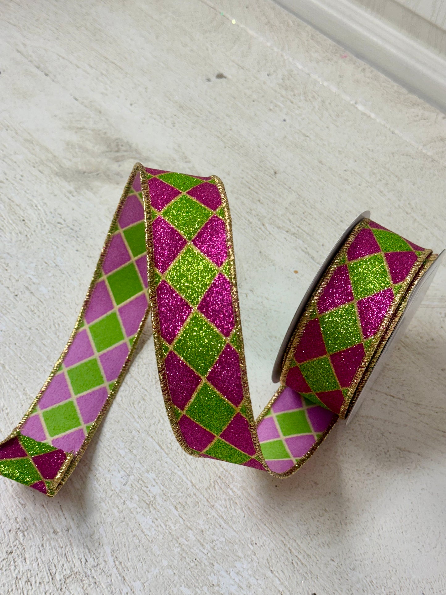 1.5 Inch By 10 Yard Green And Hot Pink Glitter Harlequin Ribbon