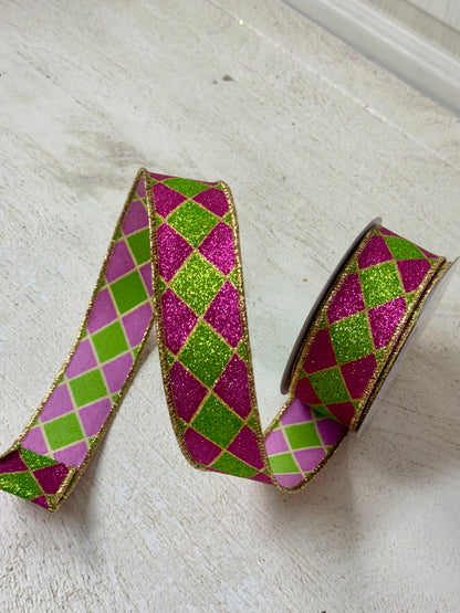 1.5 Inch By 10 Yard Green And Hot Pink Glitter Harlequin Ribbon