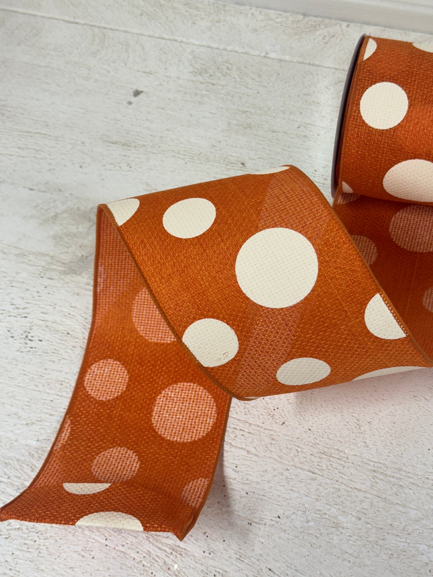 4 Inch By 10 Yard Orange And Ivory Giant Polka Dot Ribbon