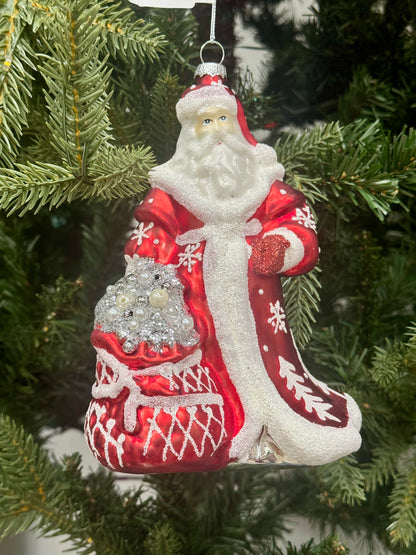 7.25 Inch Red Silver And White Santa Glass Ornament