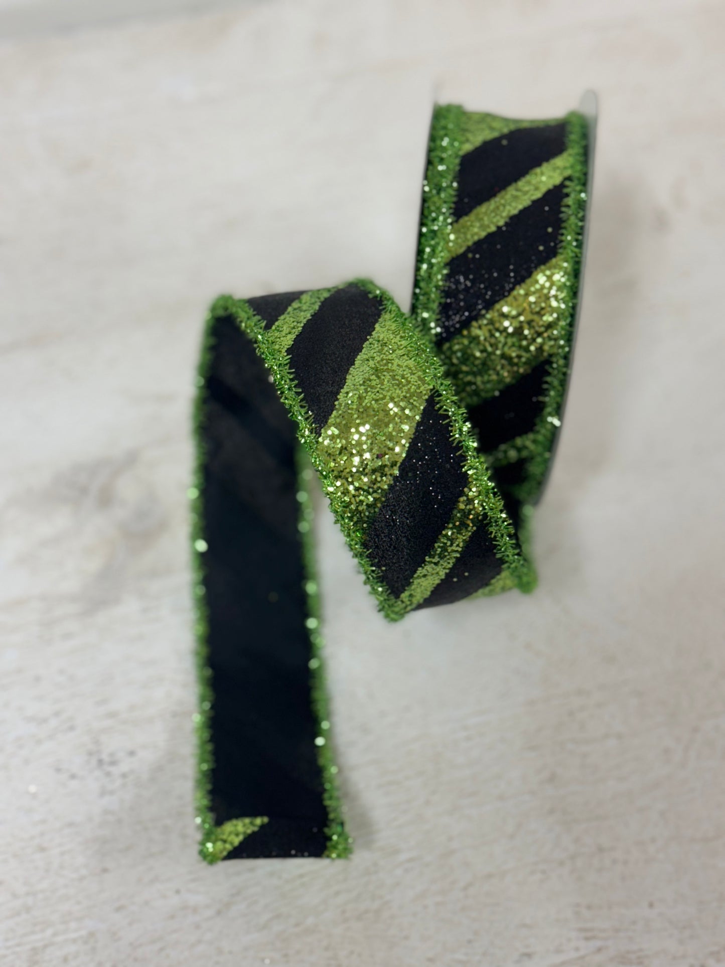 1.5 Inch By 10 Yard Black And Lime Green Striped With Tinsel Edge Ribbon