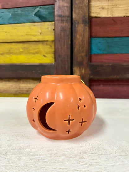 Ceramic Pumpkin Lantern With Moon And Stars Cutouts