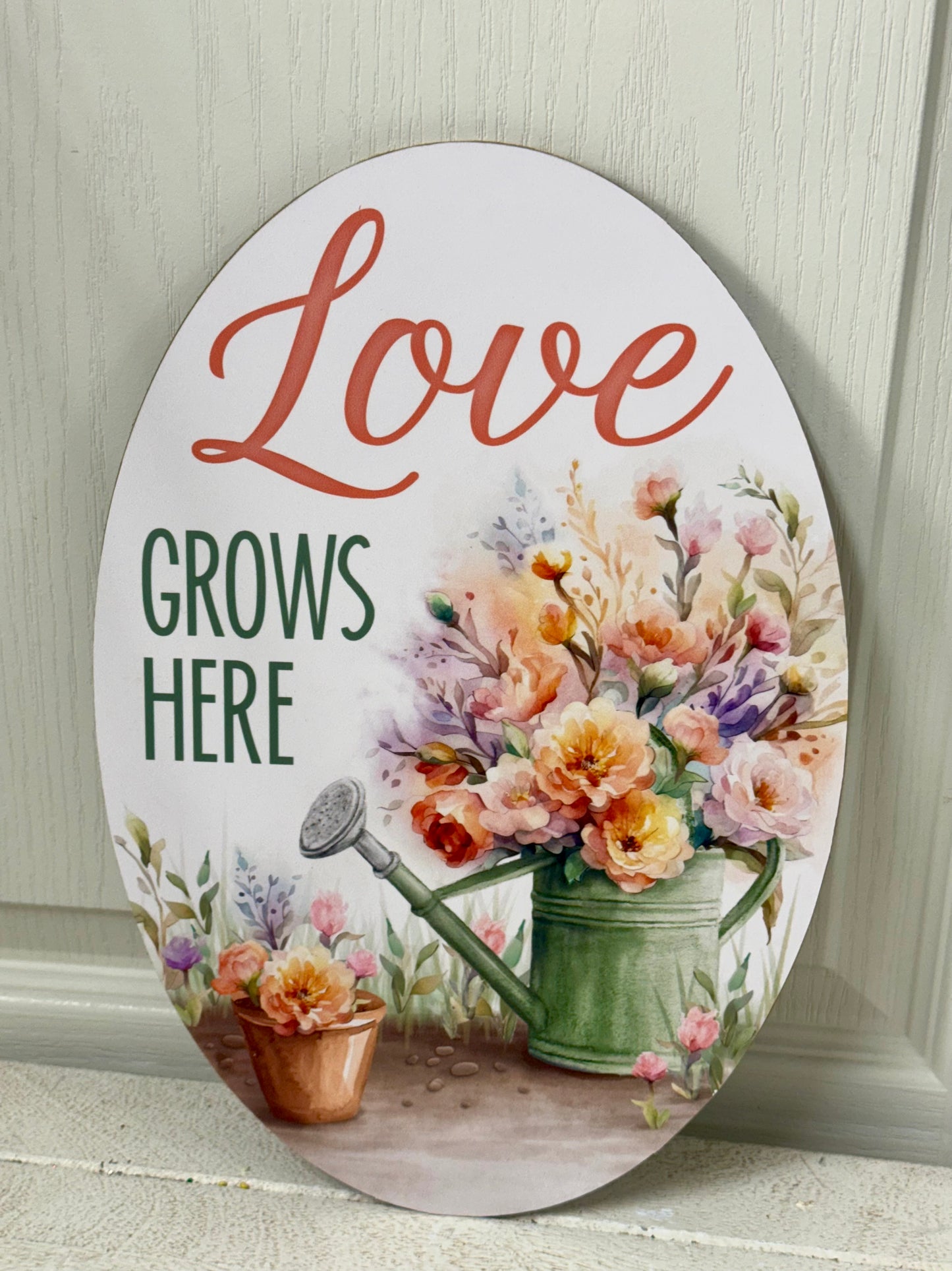 13 Inch Love Grows Here Floral Wreath Sign