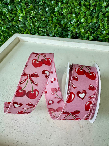 1.5 Inch By 10 Yard Pink Red Cherry Heart Ribbon