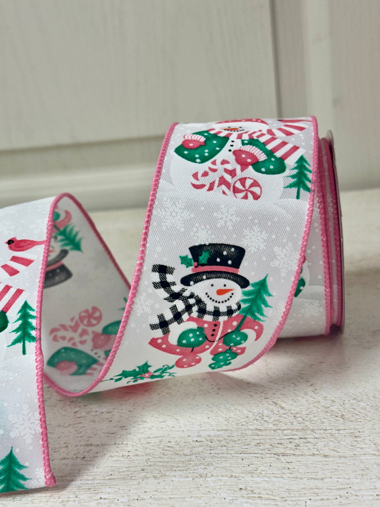 2.5 Inch By 10 Yard Ice Blue And Pink Snowman Ribbon