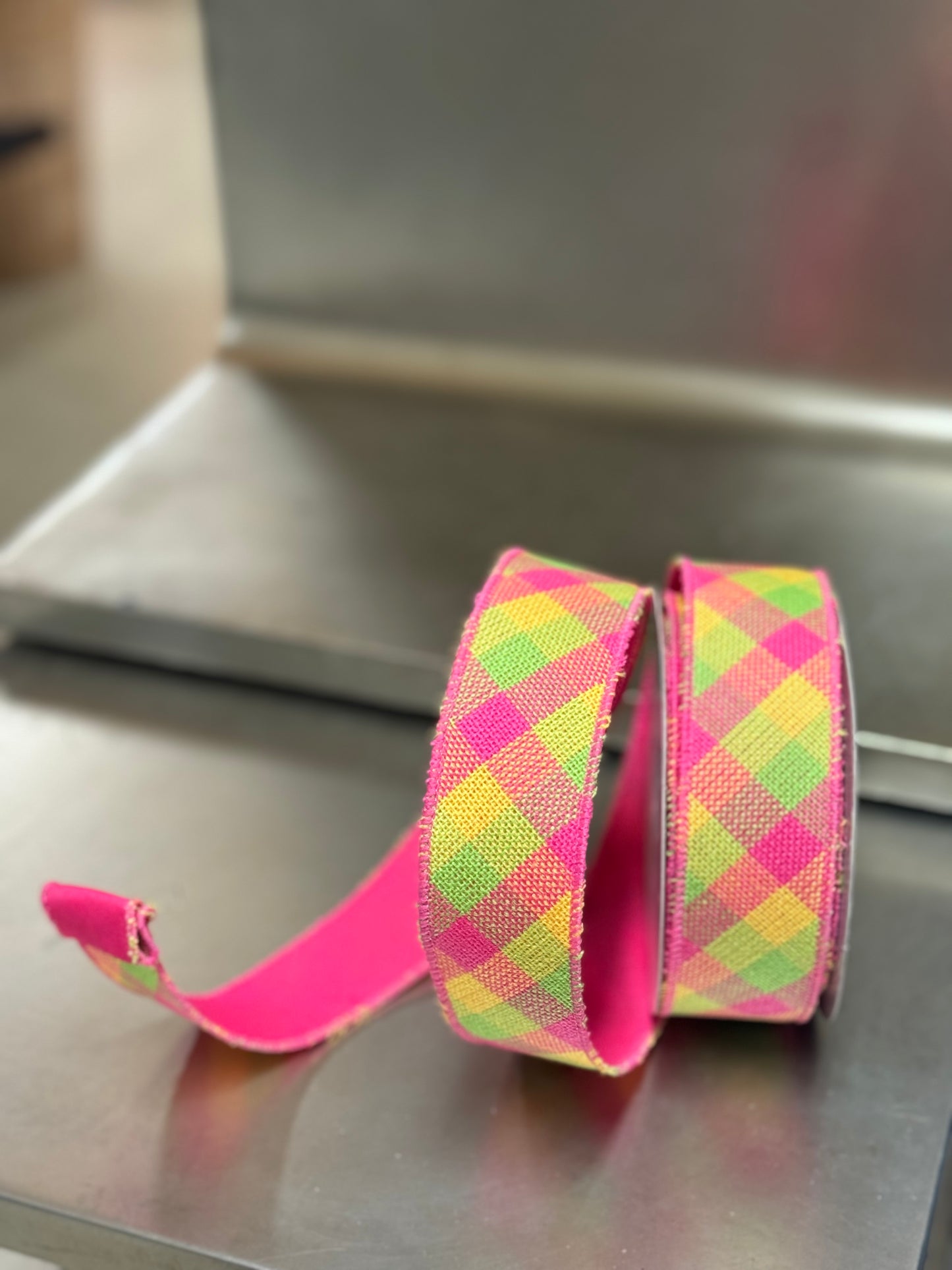 1.5 Inch By 10 Yard Hot Pink Lime And Yellow Woven Check Ribbon