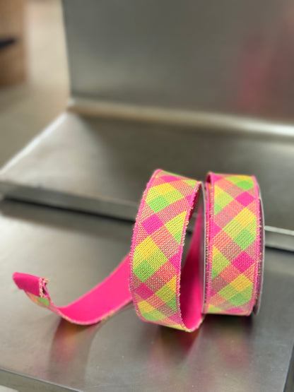 1.5 Inch By 10 Yard Hot Pink Lime And Yellow Woven Check Ribbon