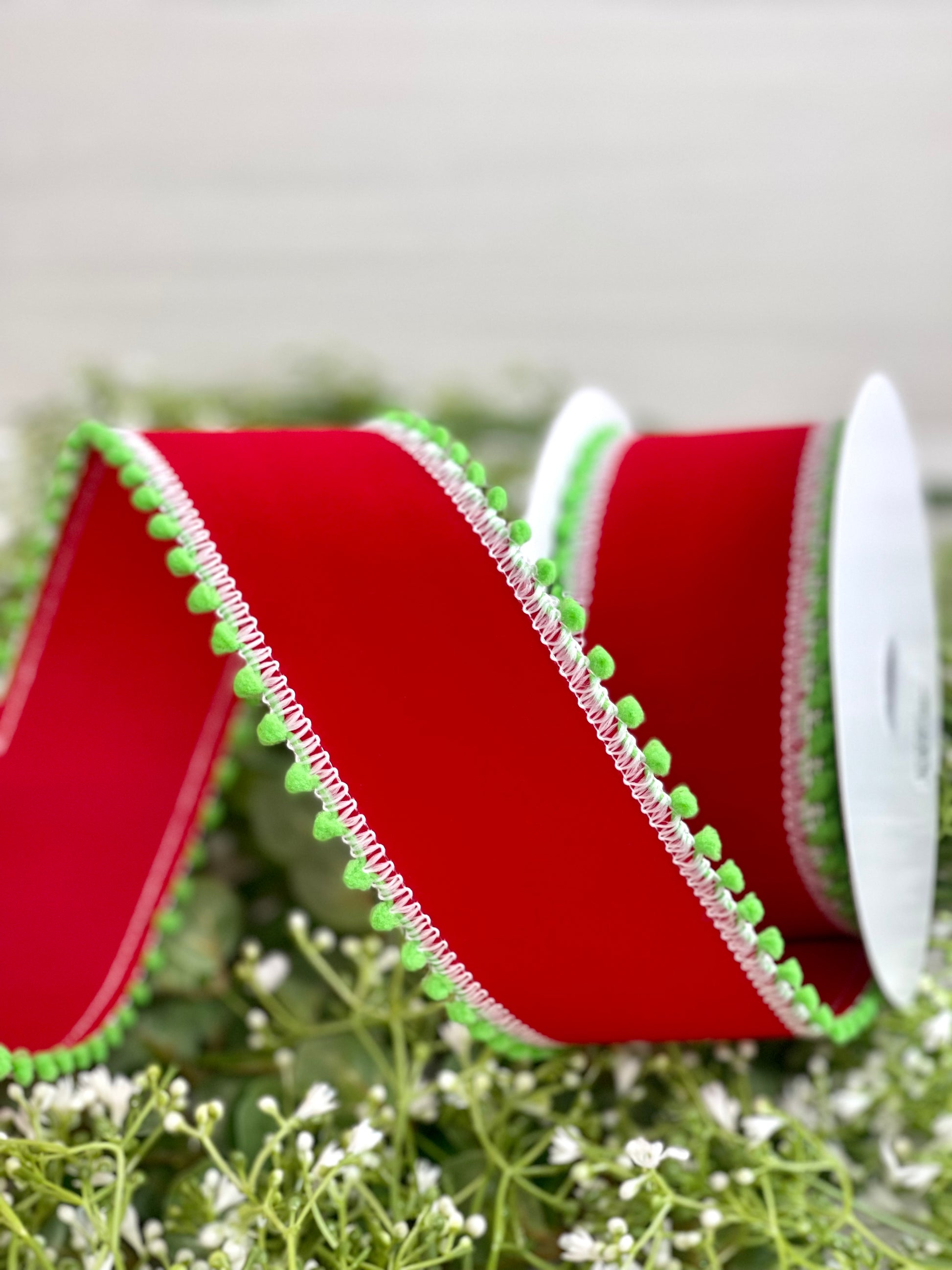 2.5 Inch By 10 Yard Red Velvet With Green Pom Pom Ribbon – TMIGifts