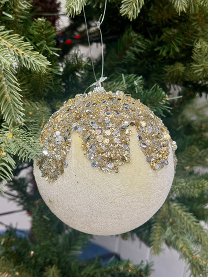 4.75 Inch Cream Silver And Gold Sequin Velvet Dripped Ornament