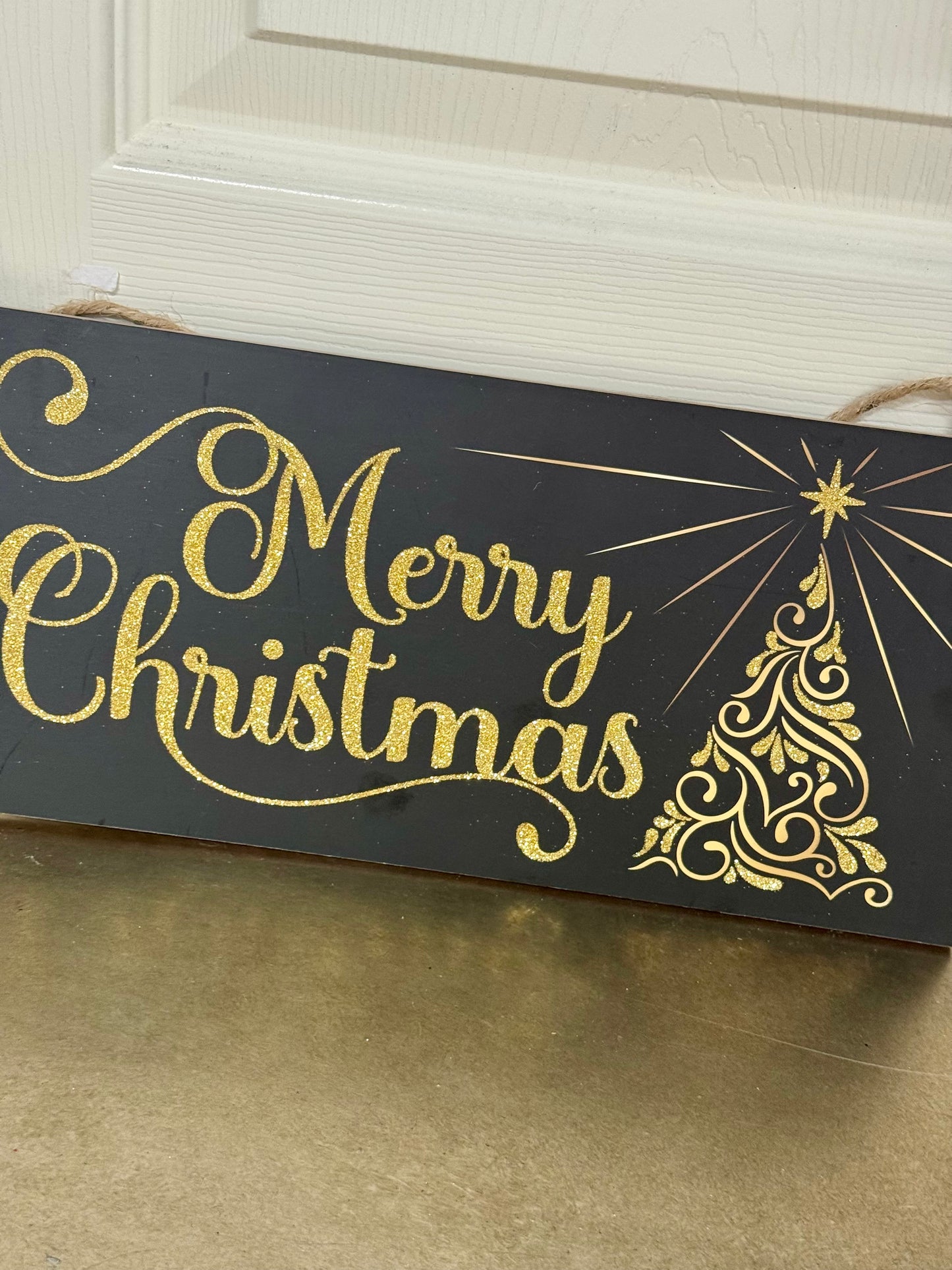 12.5 Inch Black And Gold Merry Christmas Swirl Tree Wooden Sign