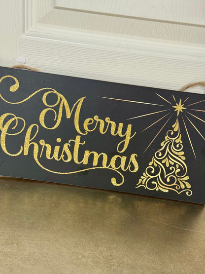 12.5 Inch Black And Gold Merry Christmas Swirl Tree Wooden Sign