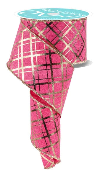2.5 Inch By 10 Yard Hot Pink And Gold Metallic Thick And Thin Diagonal Plaid Ribbon