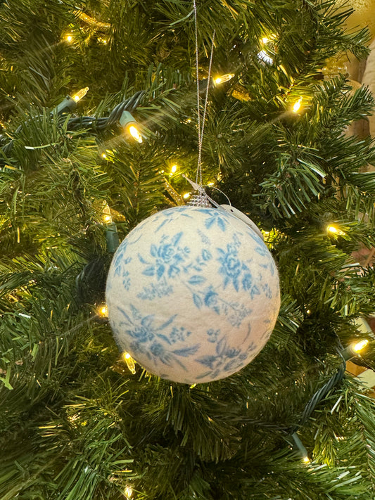 4.25 Inch Blue And White Vintage Floral Felt Ornament Ball